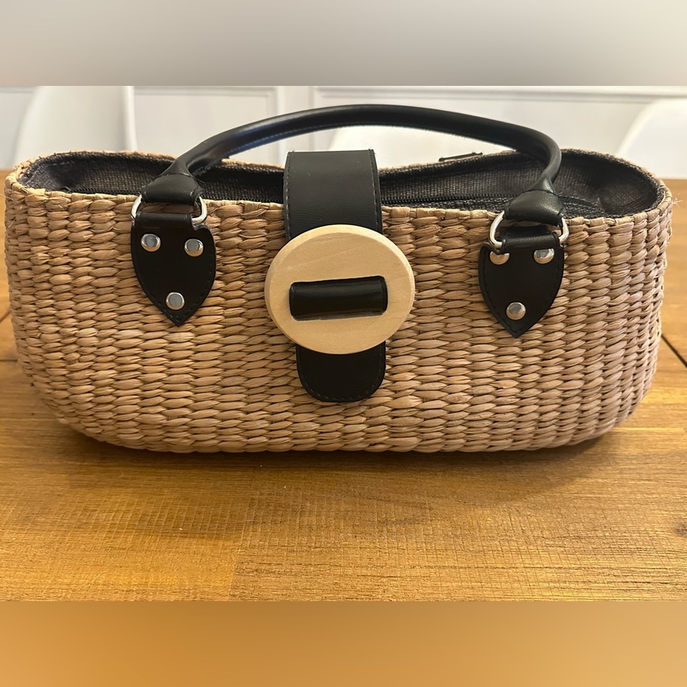 Y2K Woven Straw structured Summer Bag Wooden Buckle Accent Vintage - Picture 8 of 10
